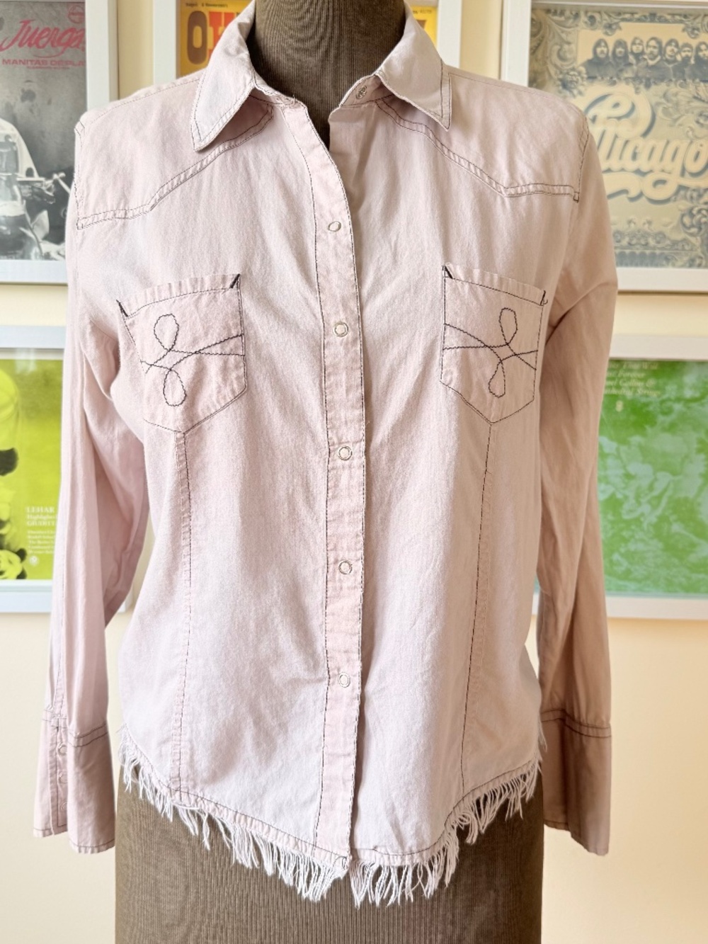 Vintage Y2K Pale Pink Western Snap Shirt | Frayed Soft Grunge Cowgirl
